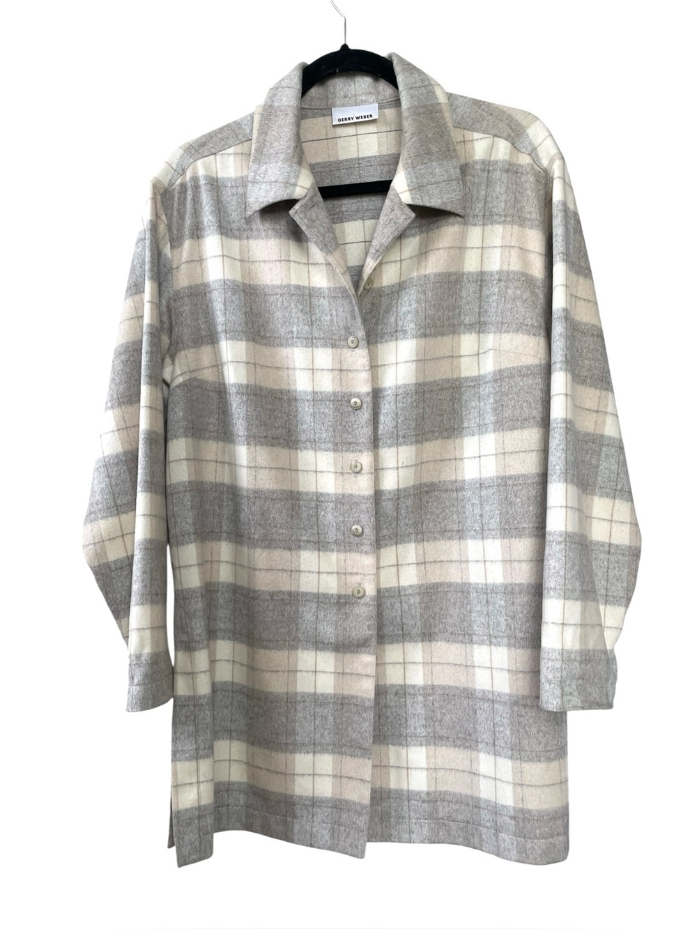 GERRY WEBER Oversized Plaid Button-Down Shirt Jacket in Cream and Gray 6